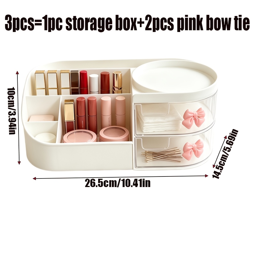 TEMU 3pcs (1pc Cosmetic Organizer And 2pcs Bows) Large Capacity Desktop Makeup Organizer With Transparent Drawer, Multi-compartment Skincare And