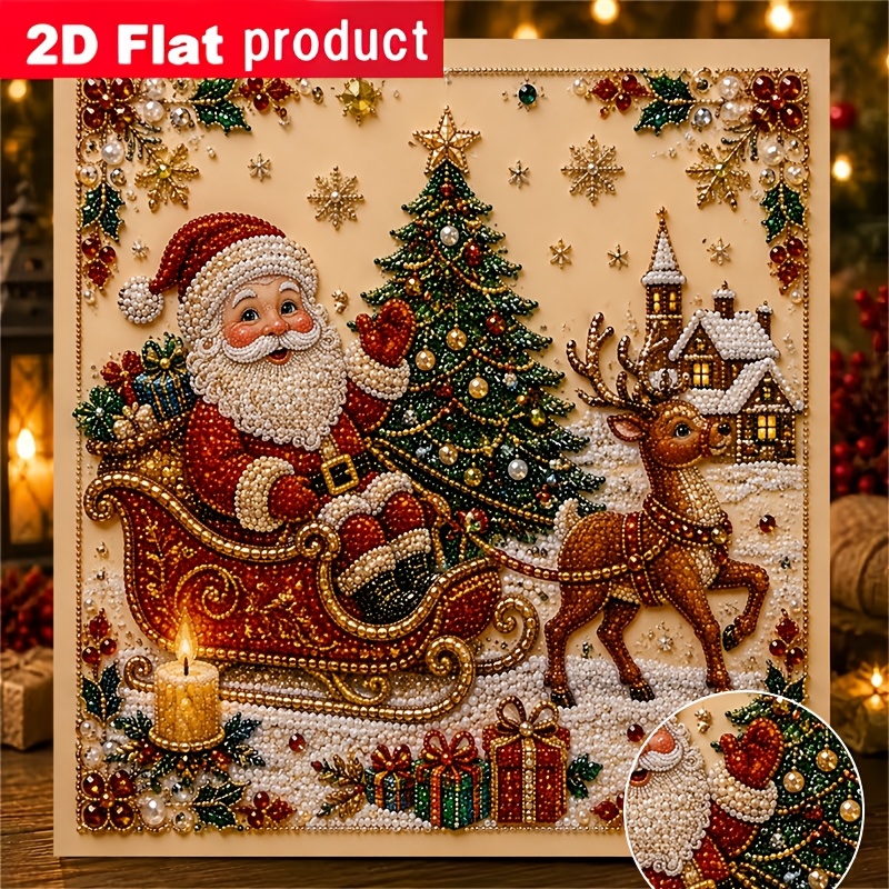 TEMU New Diy Colorful Diamond Painting Kit - Winter Scene Of Santa Claus Riding A Sleigh With Reindeer, Christmas Tree, And Gifts. Suitable For