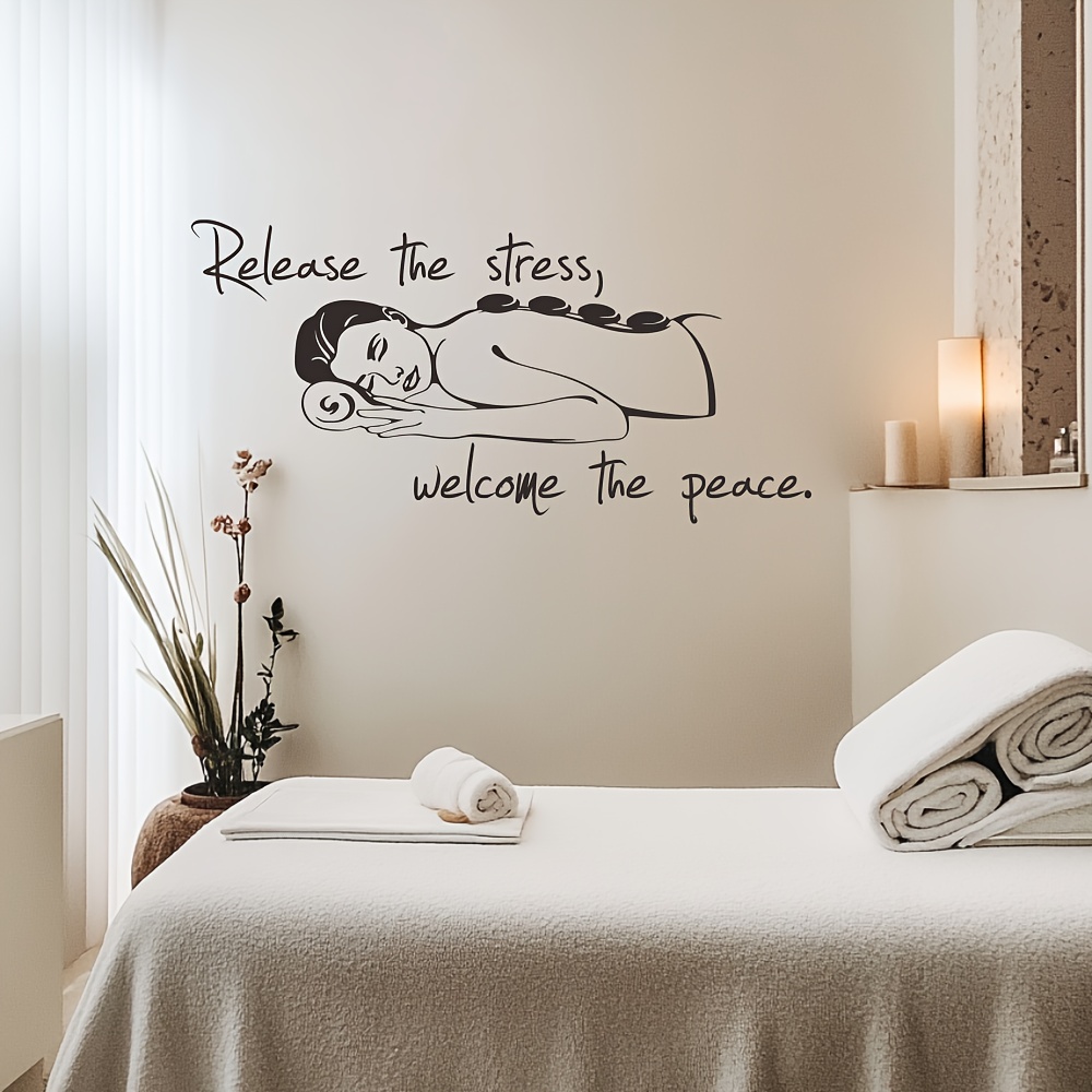 Image of Massage Spa Wall Sticker - Girl Relaxing Artwork With Quote "release Stress, Welcome Calm" - Vinyl Wall Sticker For Treatment Room, Massage Room, Or Spa Decoration