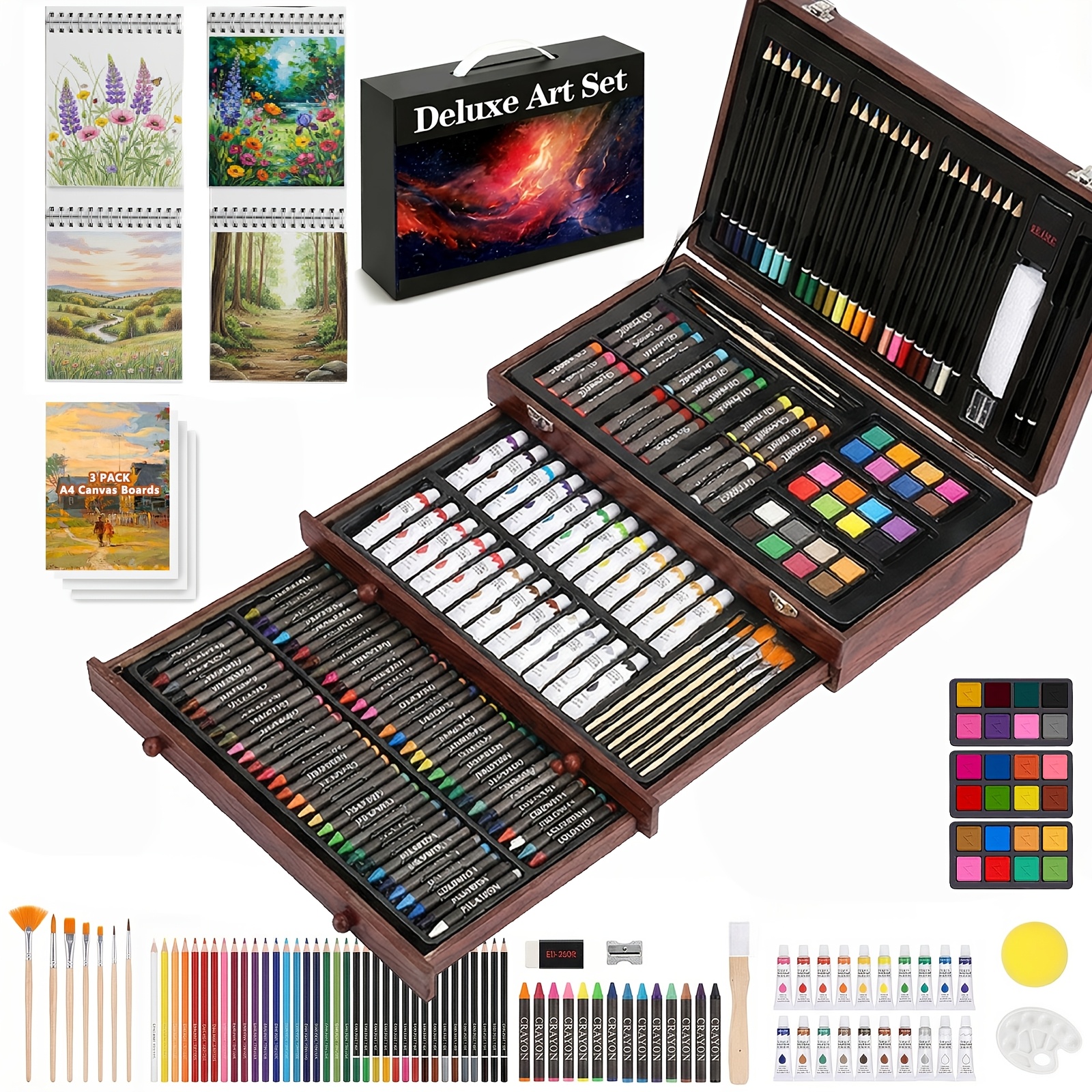 TEMU 194pcs Set, Acrylic Paints, Crayons, Colored Pencils Set In Wooden Case, Painting Drawing Art Supplies With 4 Drawing Pads, Art Kit Gift Box