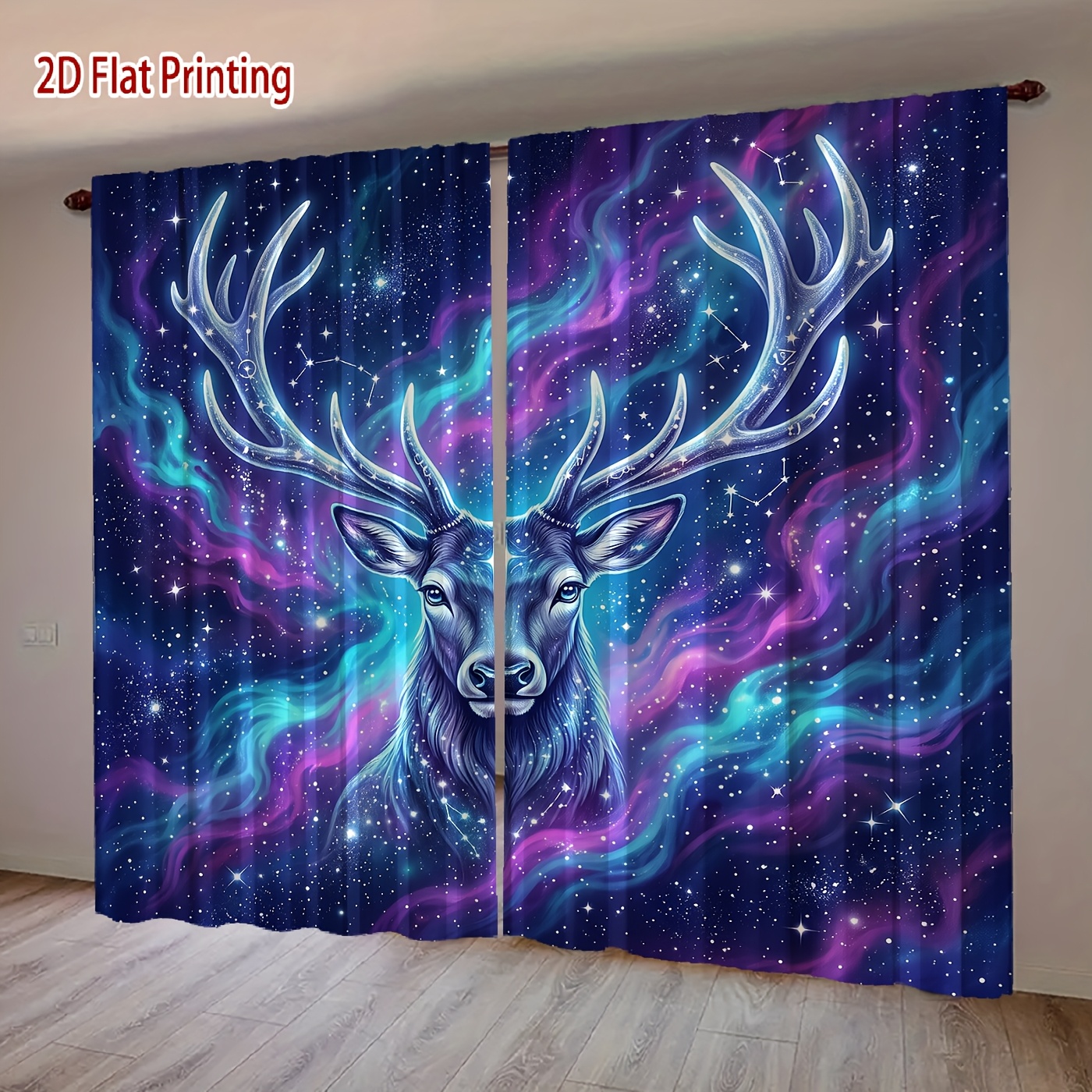 TEMU 2d Flat - 2d Flat - [ Product] 2pcs 2d Flat Printing Aurora Deer Print Curtains, Soft Light, Privacy Protection, Pocket Rod Installation Style