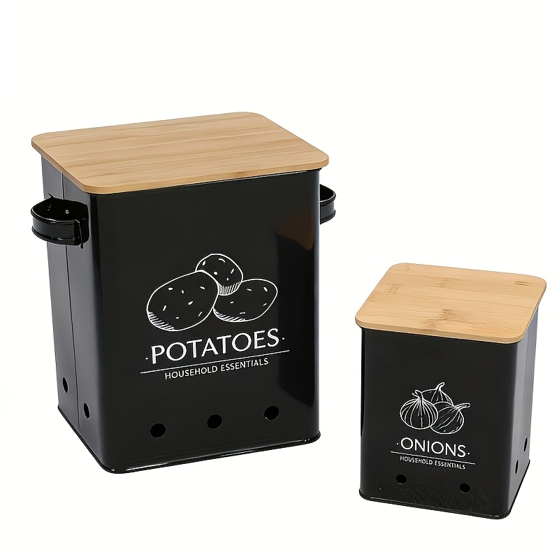 TEMU 2pcs Kitchen Storage Jars With Vented Tin Storage Holes And Wooden Lids, Potato Onion Storage Box For Onions, Potatoes, And Fruits, Kitchen