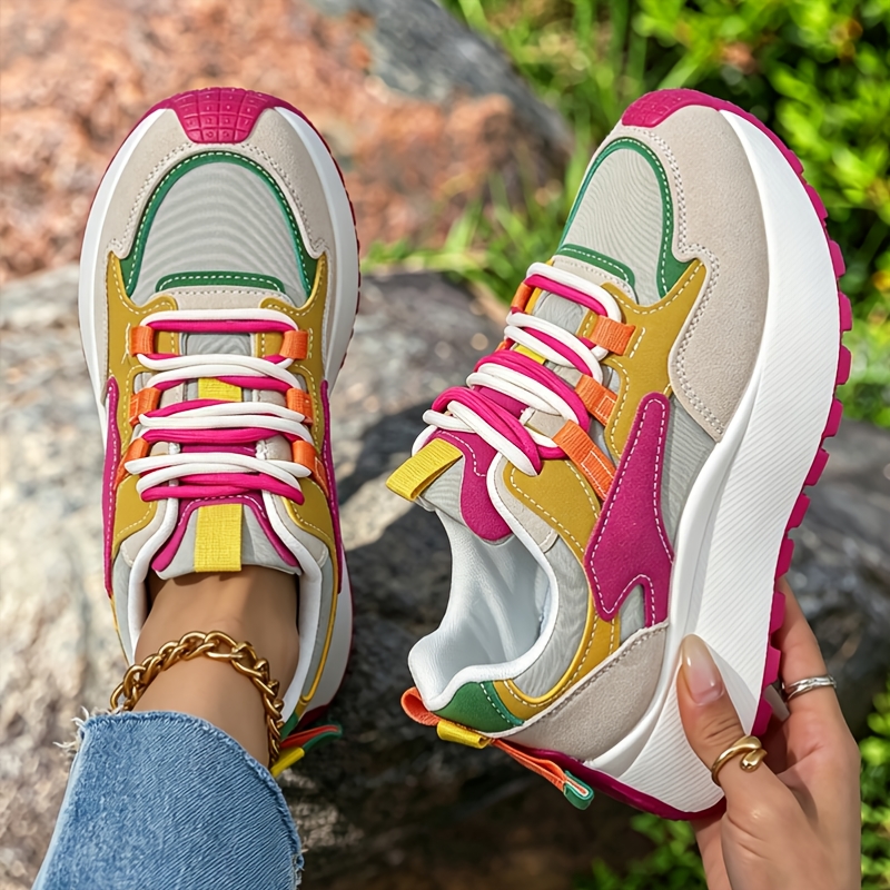 TEMU Women' S Casual Fashion Sneakers, Macaron Color-block Platform Dad Shoes, Heightening& Leg, 3d Soft Spliced Upper, Heel Bow Decor, Versatile