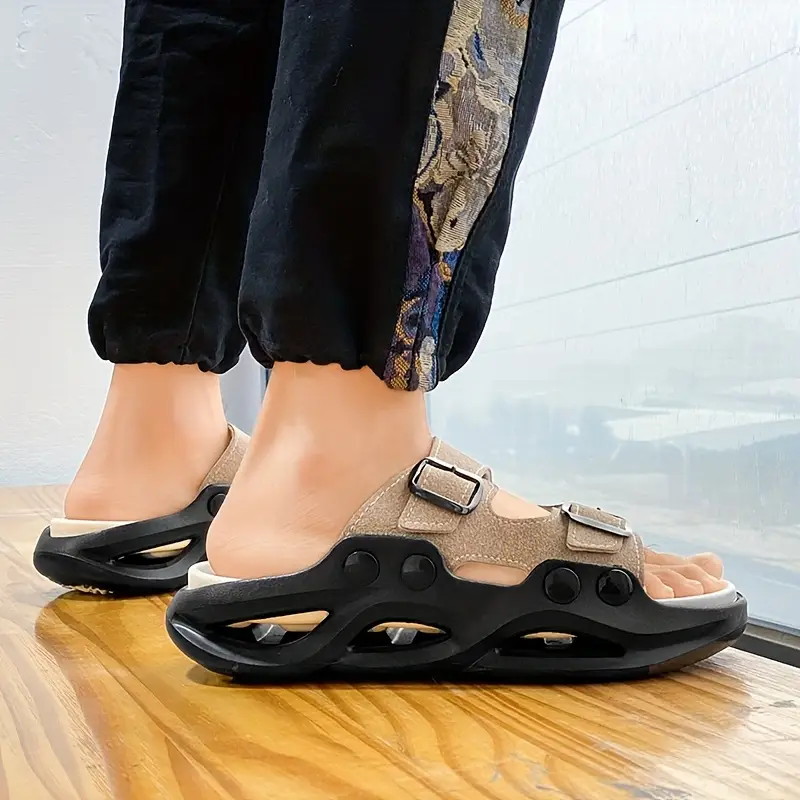 2025 summer minimalist thick soled couple slides breathable eva sandals with non fashionable black beige design for indoor outdoor use beach casual wear and beach sandals Product details 2