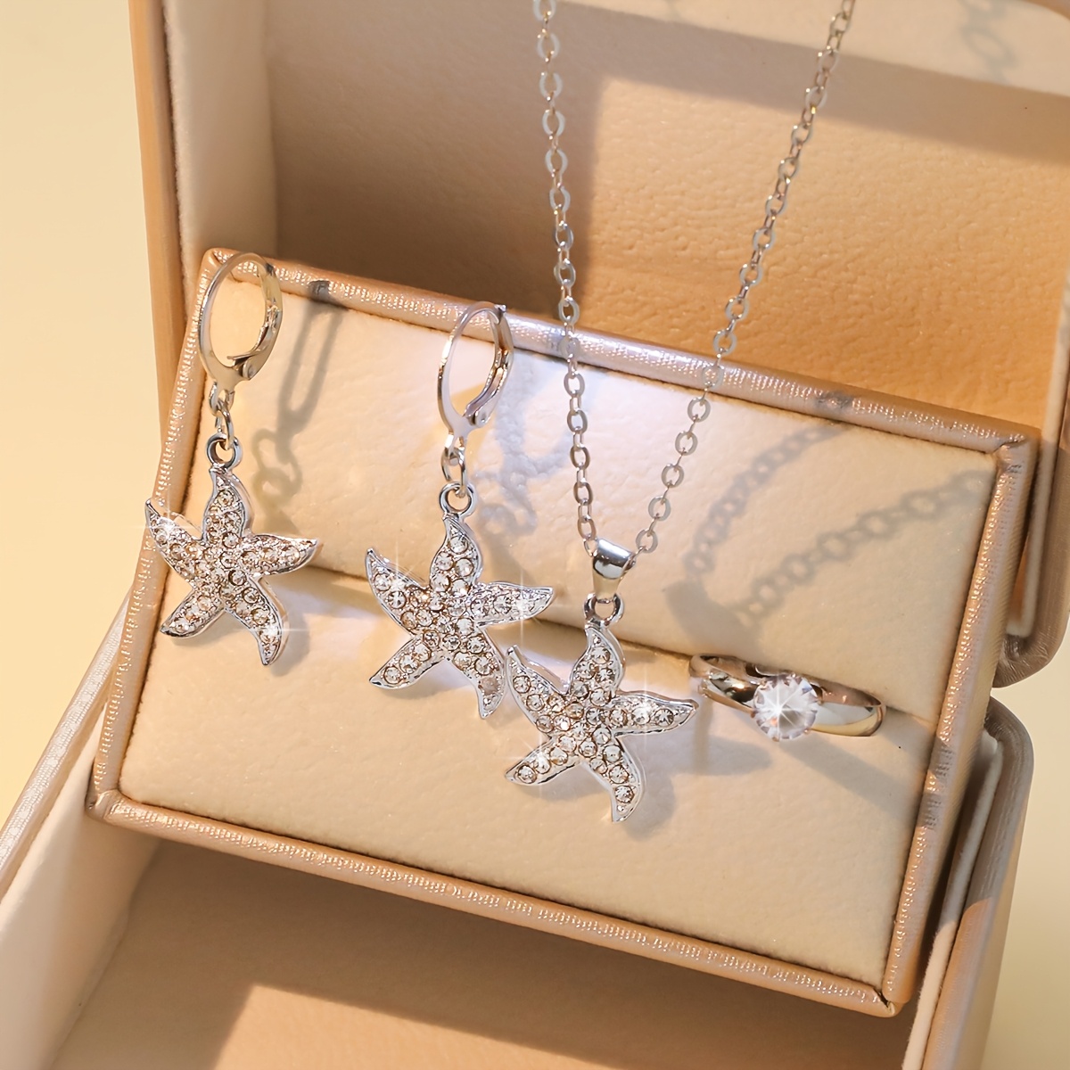 4pc Elegant Starfish Pendant Necklace Earrings Ring Set