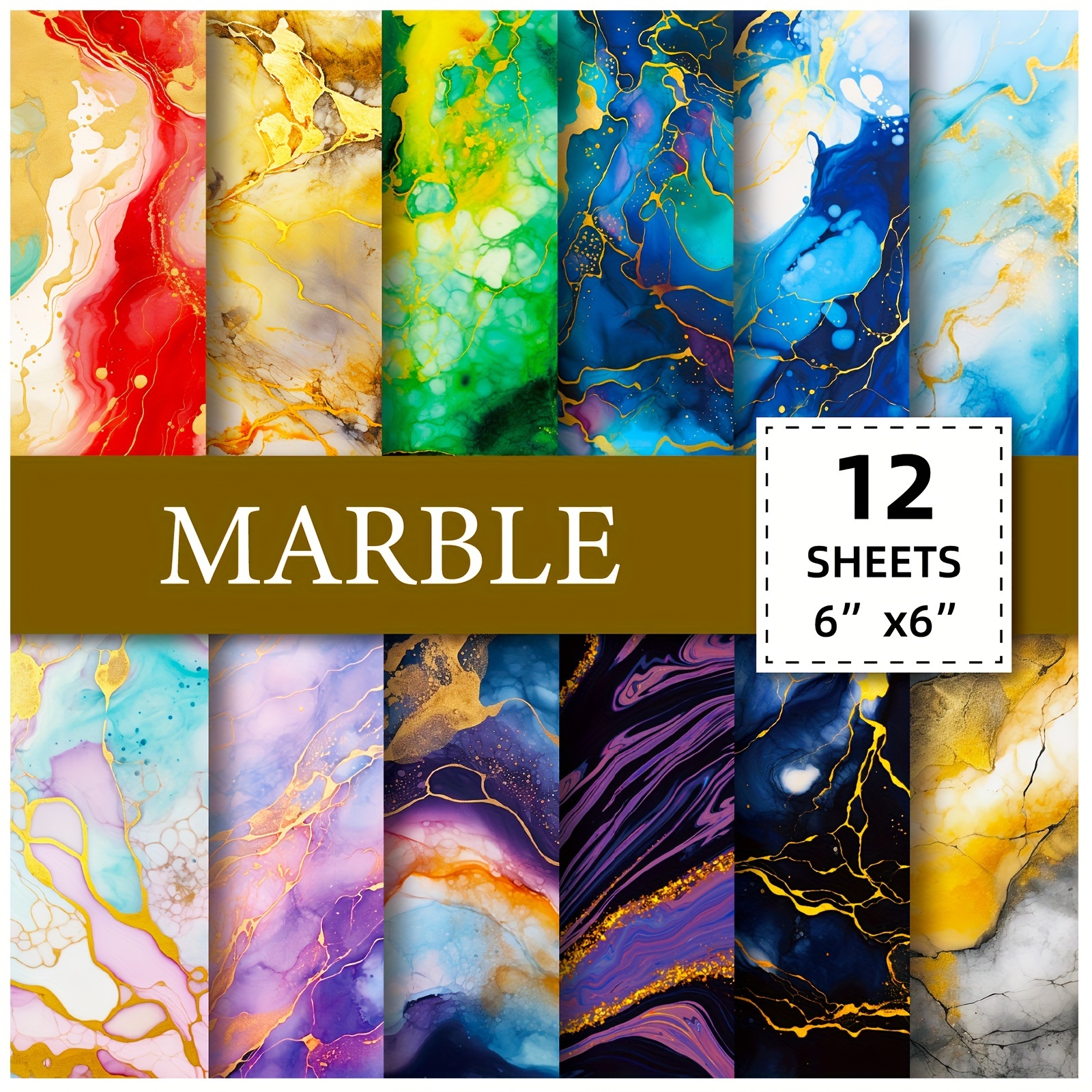 

12-pack Decorative Marble Patterned Paper Sheets For Scrapbooking, Diy Album, Card Making, Craft Projects - Premium Quality 6x6 Inch Colored Paper Material