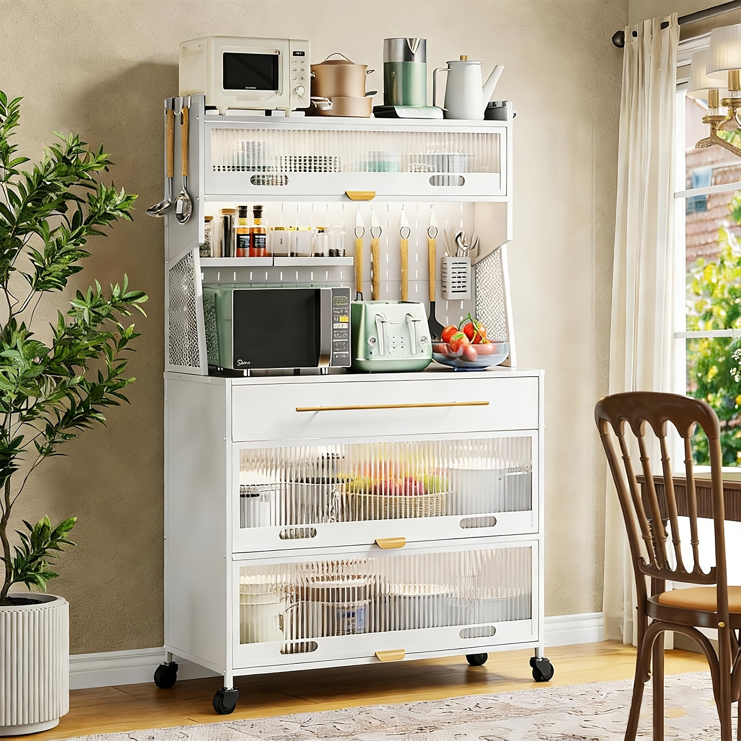 Image of Cabinet, Sideboard, Semi-open Kitchen Cabinet, 170cm Sideboard, Storage Shelves, Storage Cabinet With Countertop, Drawers And Acrylic Doors, Open Partition, 80x42x168cm, White