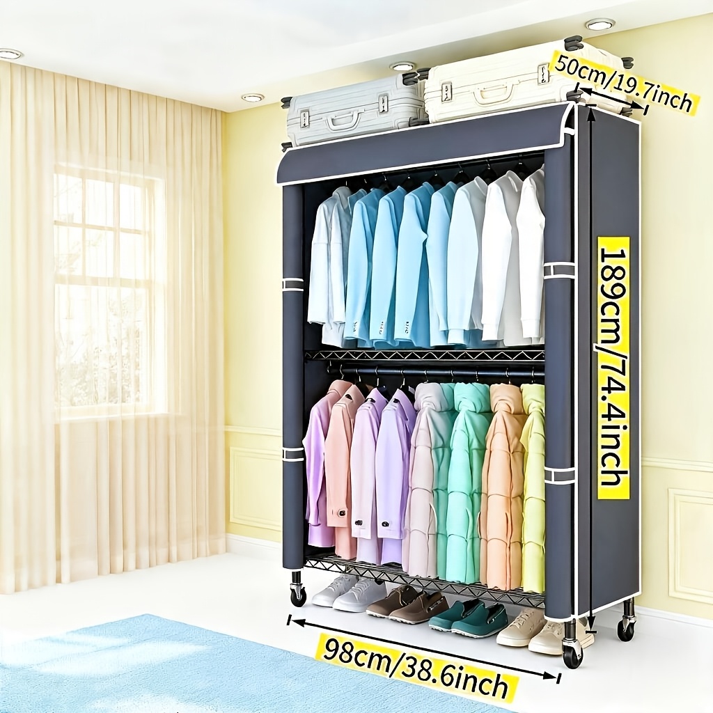 TEMU Portant à vêtements roulant robuste avec roulettes verrouillables et housse en tissu - Penderie mobile autoportante adaptée aux , étagères à 3