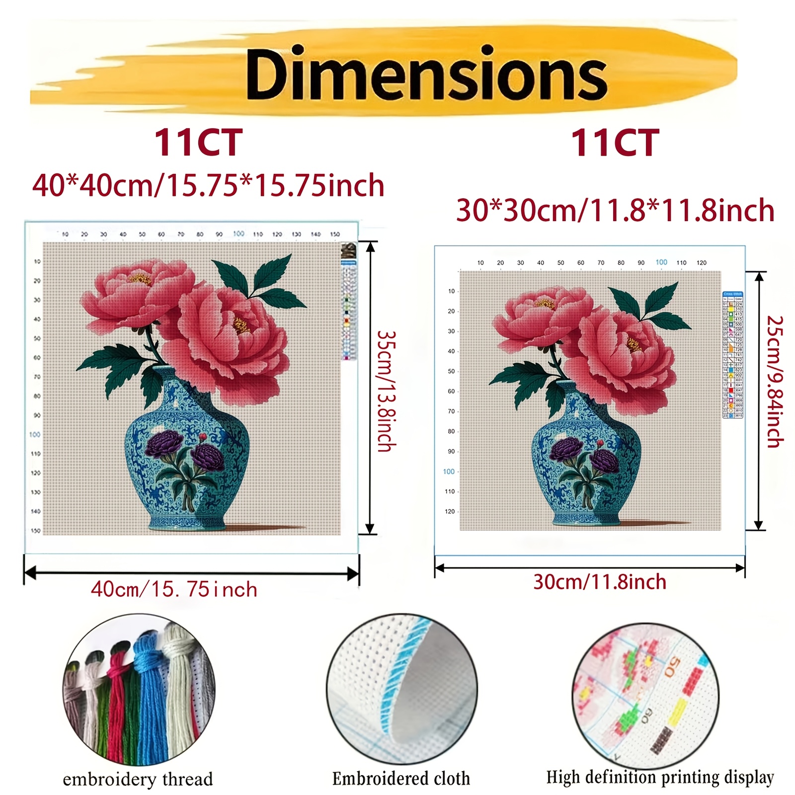 DIY Cross-Stitch Printed Kit, Blue Vase with Pink Peonies Design