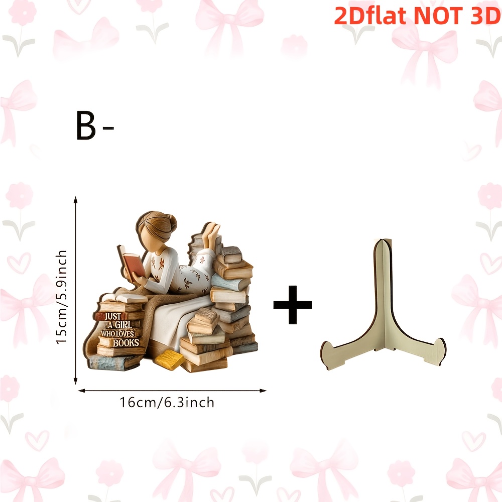 TEMU 2D Plat NIET 3D, 1 stuks Verzamelbeeldjes Plat Houten Lezend Meisje Ornament, "Een Meisje dat Boeken Liefheeft" Gedrukte Plaque met Standaard