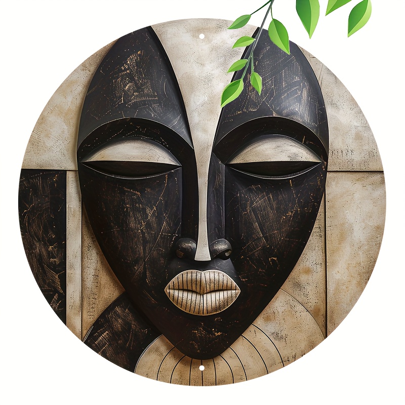 

8x8" African Mask Art Decor - Neutral Style, Aluminum Wall Plaque For Home, Cafe, Bar & Office - Perfect Gift African Masks Wall Decor