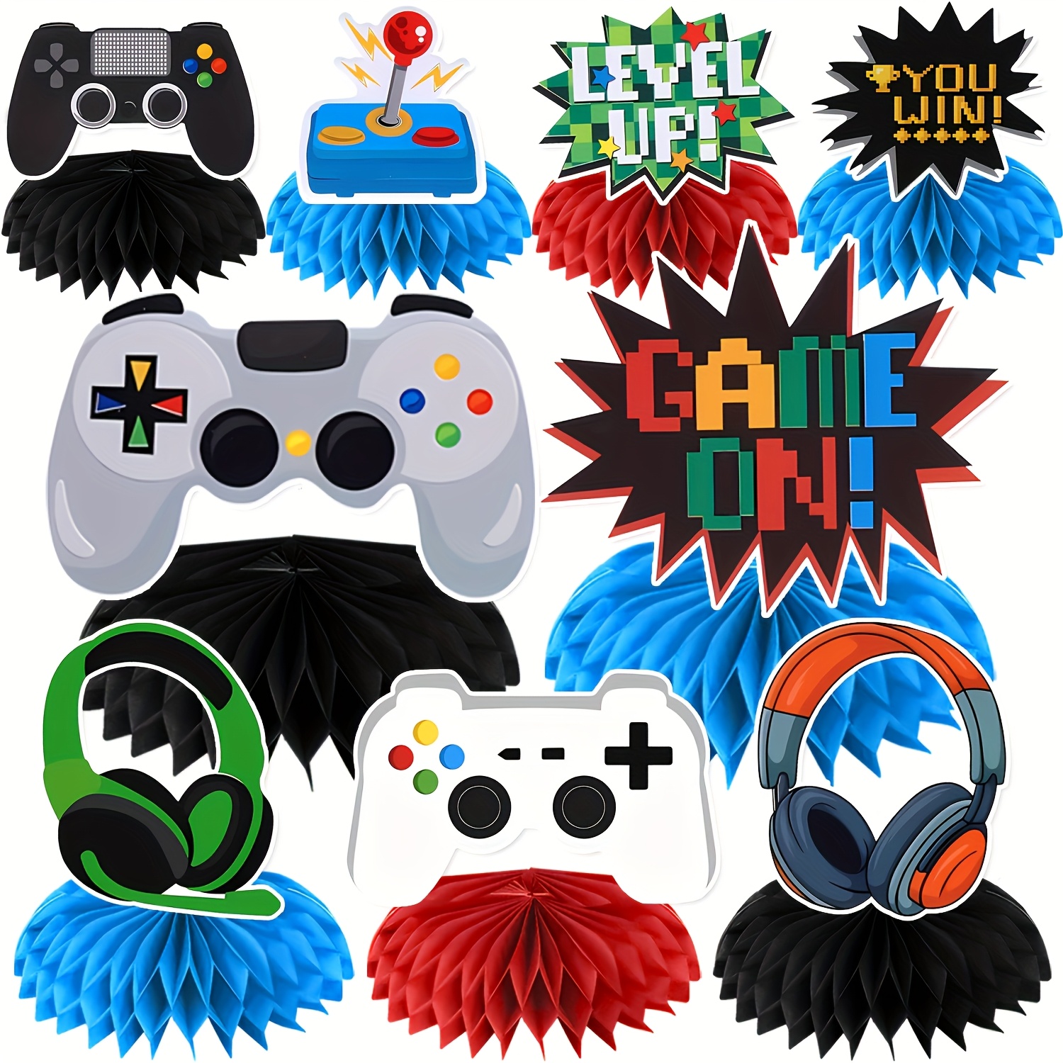 

9pcs Game-themed Honeycomb Centerpieces, Paper Game Controller & Headphones Table Decorations, Party Supplies For Shower, Birthday, Celebrations, Universal Holiday Decor, No Electricity Needed