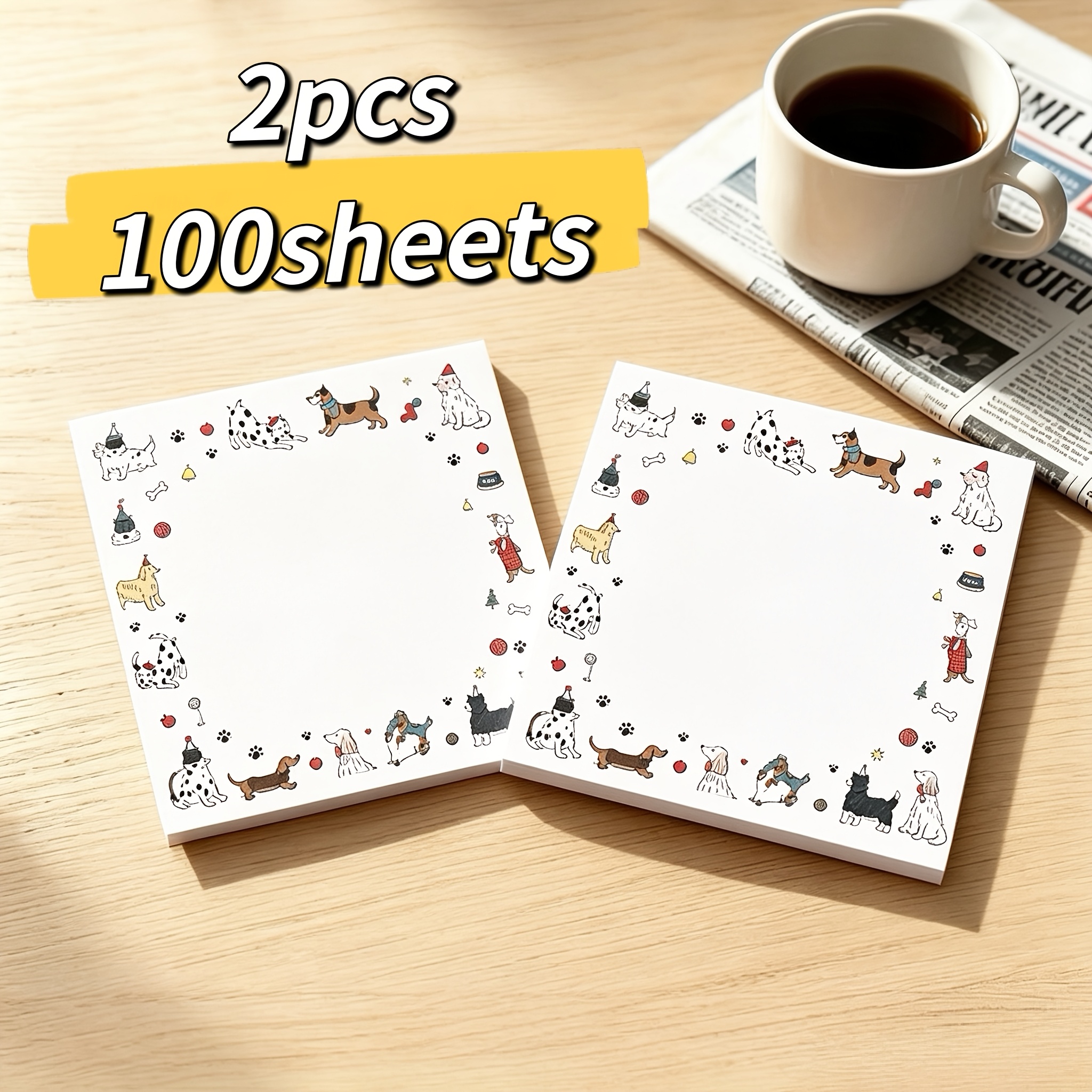 TEMU Multi- Puppy Border Sticky Notes 2-pack Total 100 Sheets, Background Smooth Writing Non-bleeding, Tear-off And Paste No Residue, Suitable For