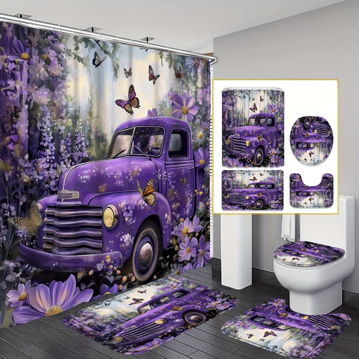 

1/4pcs Purple Decorative Shower Curtain Set, And Decorative Shower Curtain, Polyester , Shower Curtain 12 , Bathroom Rug, U-shaped Mat, Lid Mat