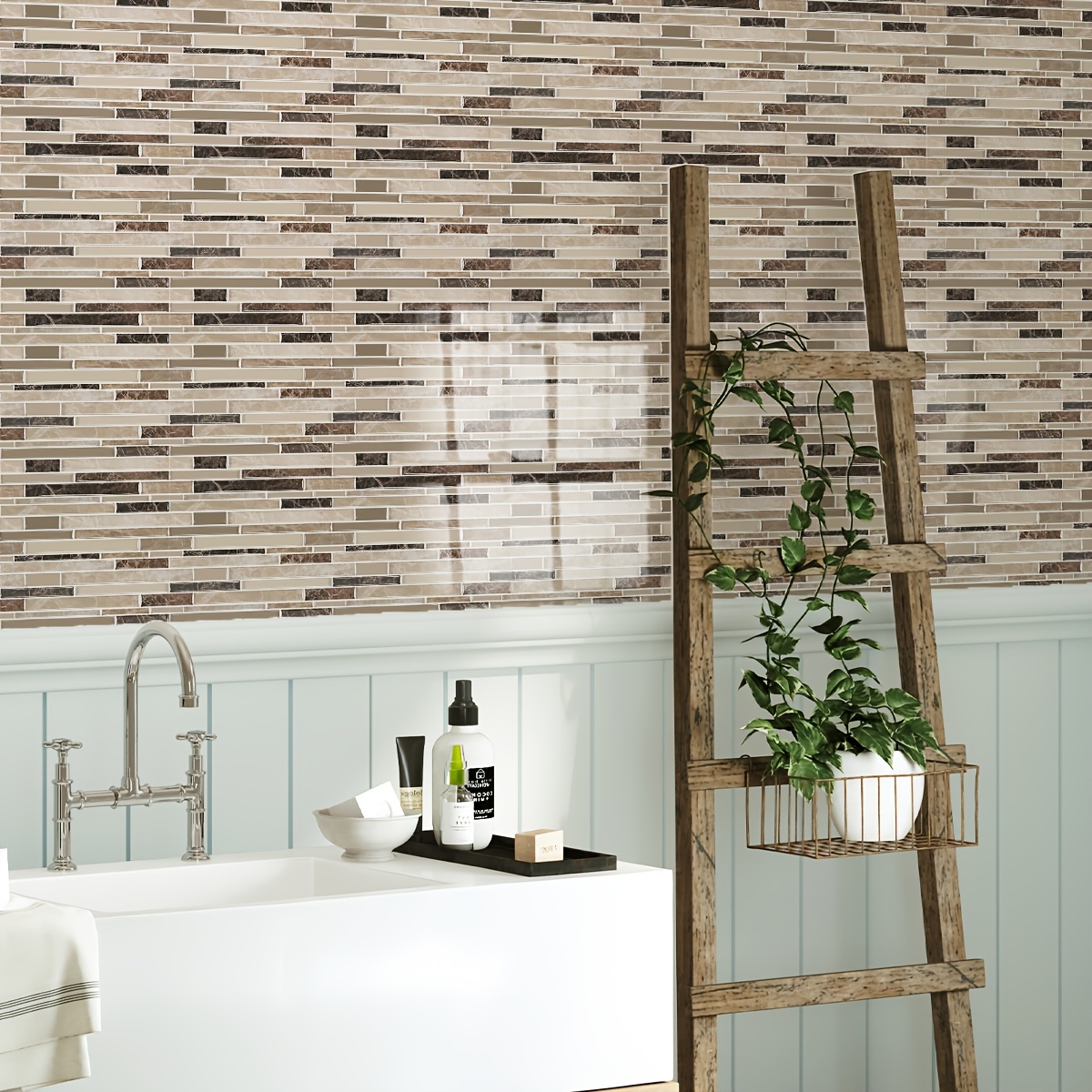 TEMU 12 piezas de adhesivos de azulejos tipo mosaico lineal escalonado con de mármol negro y beige, para salpicadero, autoadhesivos, removibles, PVC,