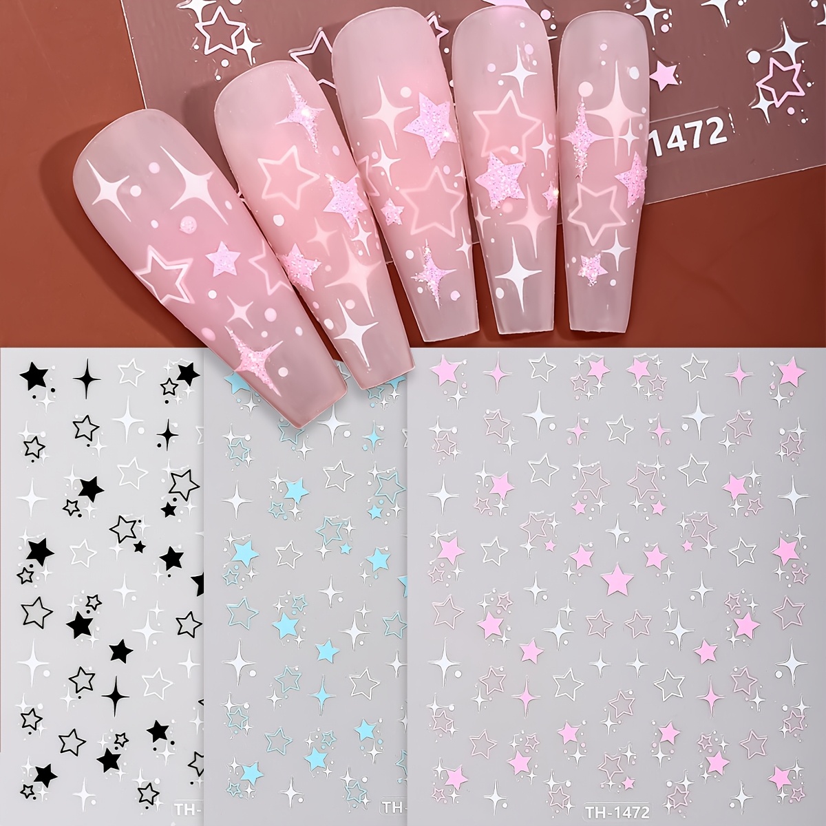 

3pcs Cartoon Stickers, Shimmery Self-adhesive Nail Art Decals With Glitter, Theme Rectangle Shape, Plastic Surface, Single Use, With Unscented For Diy Nail Embellishments