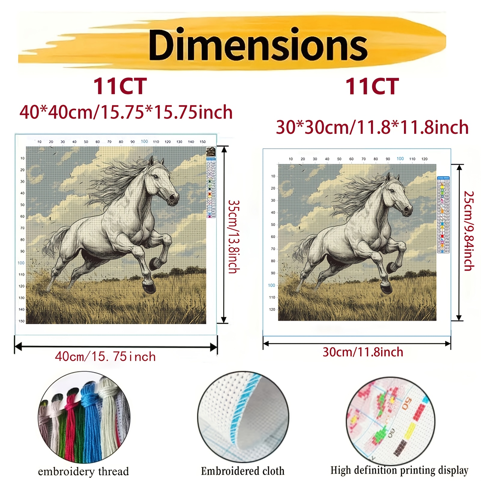 DIY Cross-Stitch Printed Kit, Unframed, "White Horse Galloping on Meadow" Pattern