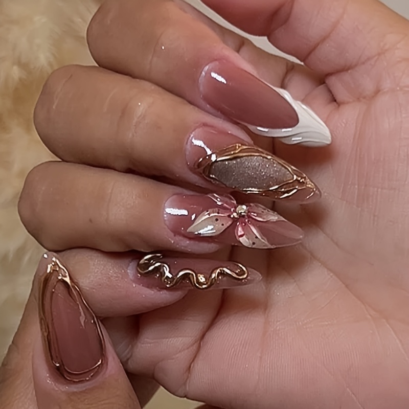 TEMU European And American Nude Pink With Golden Snake Pattern 3d Floral Decoration, Sweet And Style French Gradient Resin Press-on Nails, Detachable