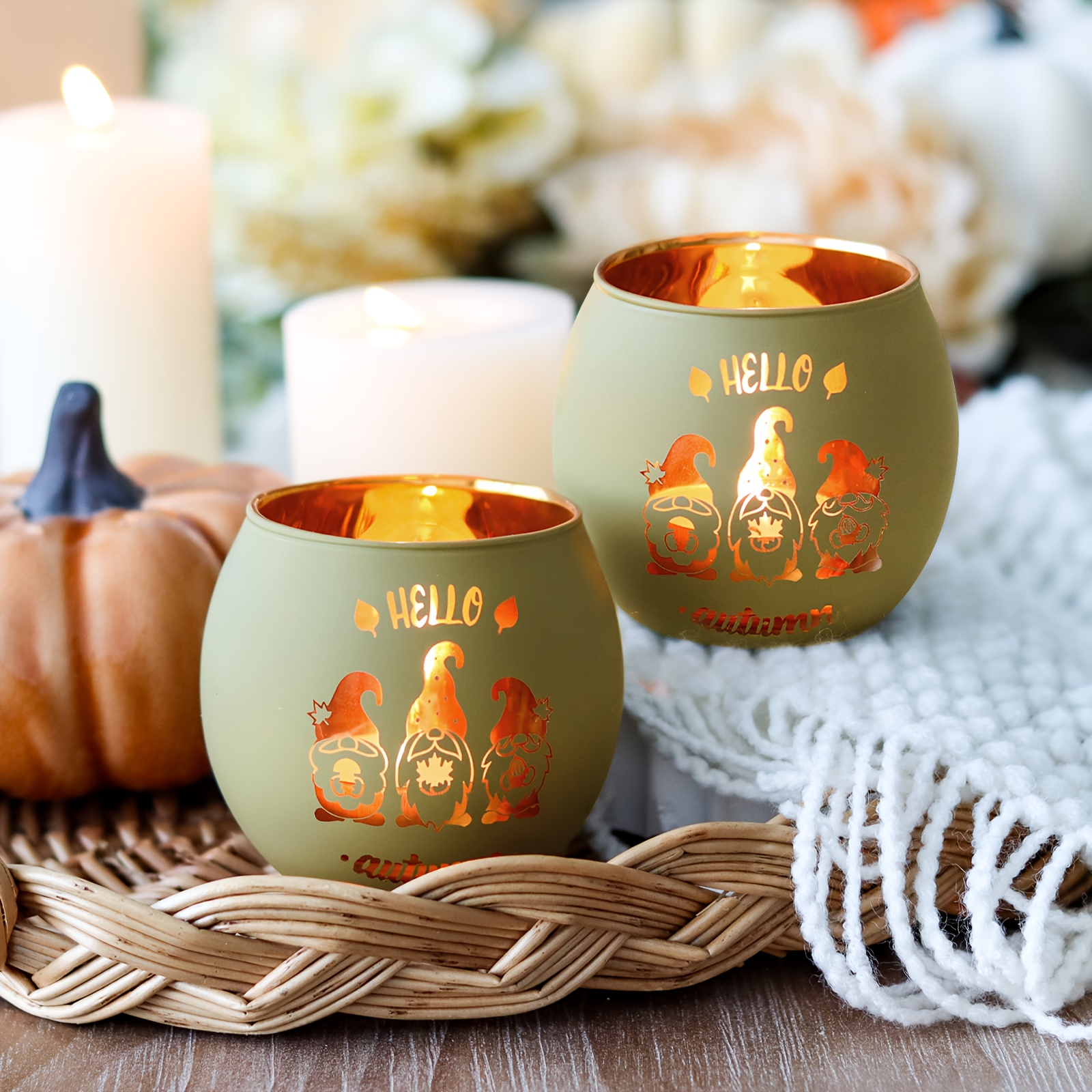 Image of 2pcs Dwarf Candle Holders With "hello Autumn", Thanksgiving Harvest Gnome Decorations, Rustic Tabletop Decor, Home Office Decor Party Supplies, Glass Bowl Ideal For Storing Small Items