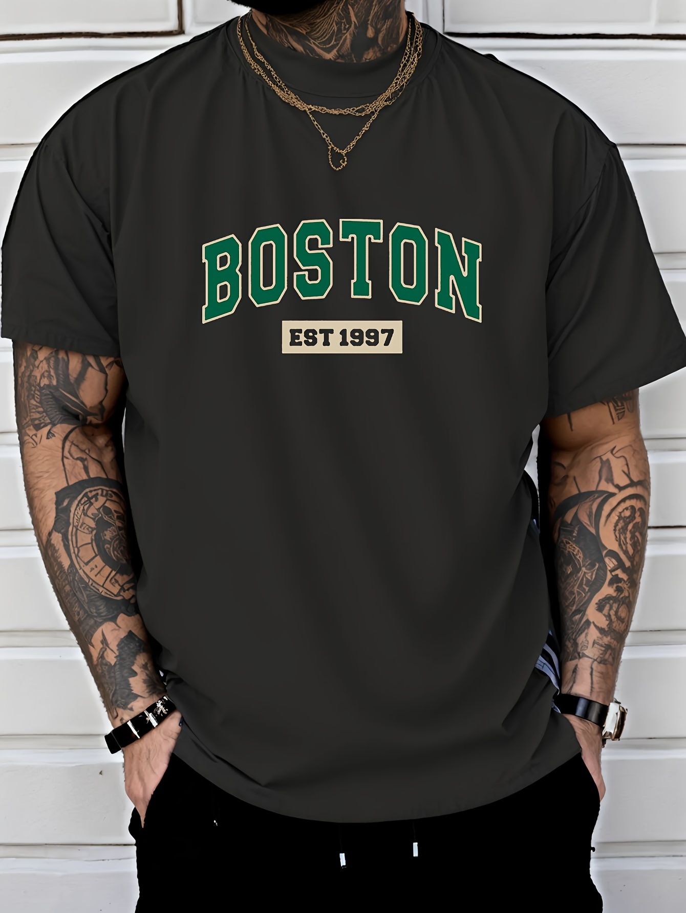 Men'S Boston Est. 1997 Graphic Print T-Shirt, Casual Crew Neck Short Sleeve Tee with Slight Stretch, Regular Fit, Letter Pattern Design, Perfect for Sports or Leisure Activities, Leisure Clothing | Trendy Crew Neck | Versatile Style