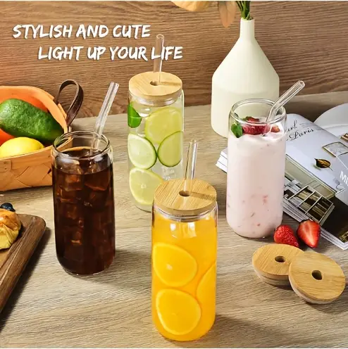 4pcs 18 6oz 550ml including bamboo lid straw straw brush glass set with a smooth and similar to traditional aluminum cans an ideal container for iced coffee milk water juice Product details 4