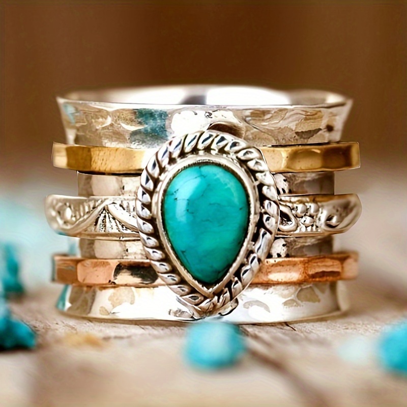 

Bohemian Vintage Turquoise Plated Tricolor Women's Ring Wedding Gemstone Ring Accessories Valentine's Day Gift