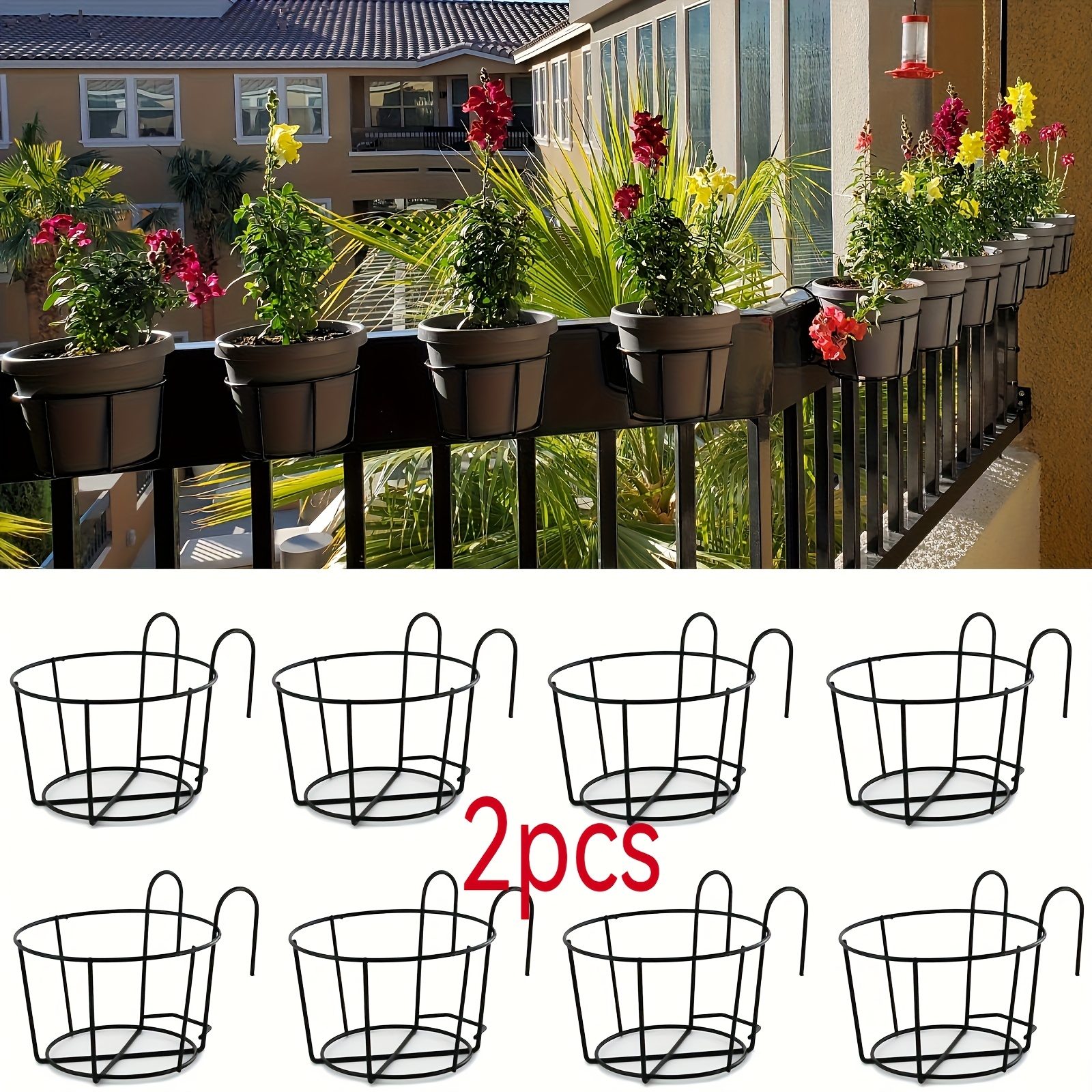 Image of 2pcs Round Metal Hanging Planters Set - Durable Iron Flower Pot Holders For Railings & Fences, Indoor/ Outdoor Garden Plant Baskets With Striped Design