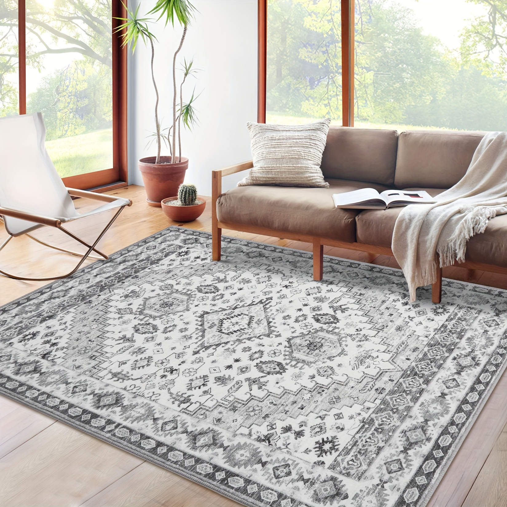 Image of Boho Area Rug, Washable Stylish Indoor Rug For Living Dining Bedroom Carpet Non-shedding Non Slip Foldable Washable Area Rug Low Pile Ultra Soft Area Rugs For Living Room Bedroom, Grey, Home Decor