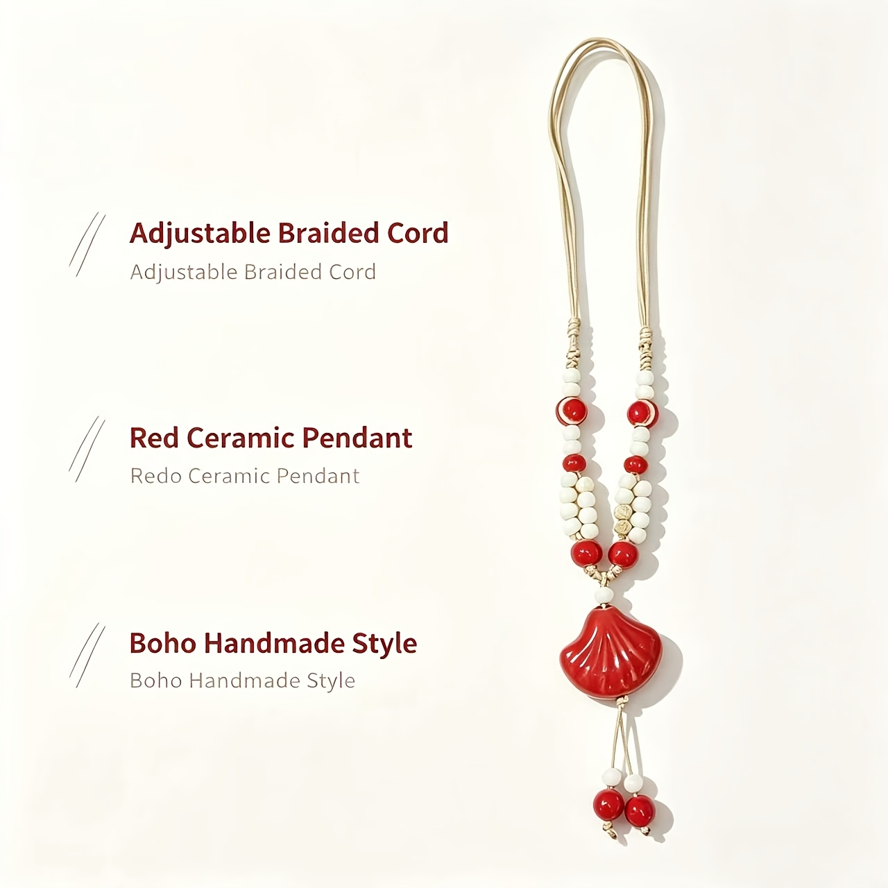 Handmade Red Shell Ceramic Beaded Adjustable Rope Long Necklace