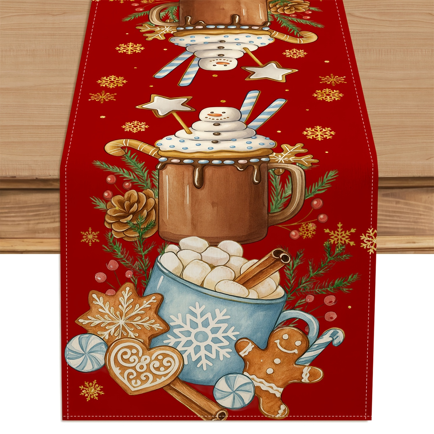 TEMU 1pc Christmas Table Runner, Snowflake Gingerbread For Man Pine Branch Berry Dessert Design For Dining Table, Kitchen, Party Decor