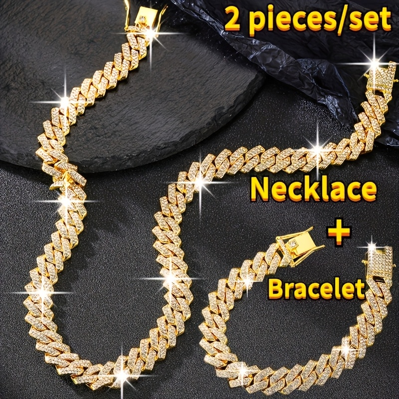 TEMU 2pcs Shiny Cuban Link Chain Jewelry Set For Men Bling Miami Hip Hop Cuban Link Chain Necklace And Bracelet Set Suitable For Birthday Gift