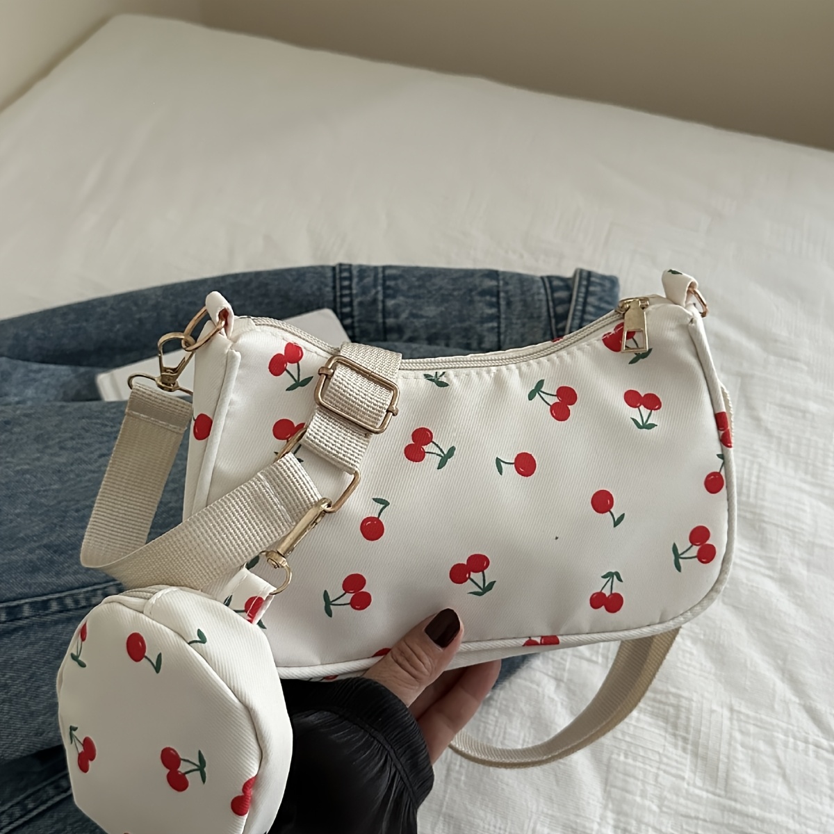 Image of Chic White Nylon Crossbody Bag With Print & Matching Wallet - Casual Urban Style, Golden-tone Hardware, Zip Closure, Hand Wash Only, Casual Accessory| Accessory|zippered Bag, Purse