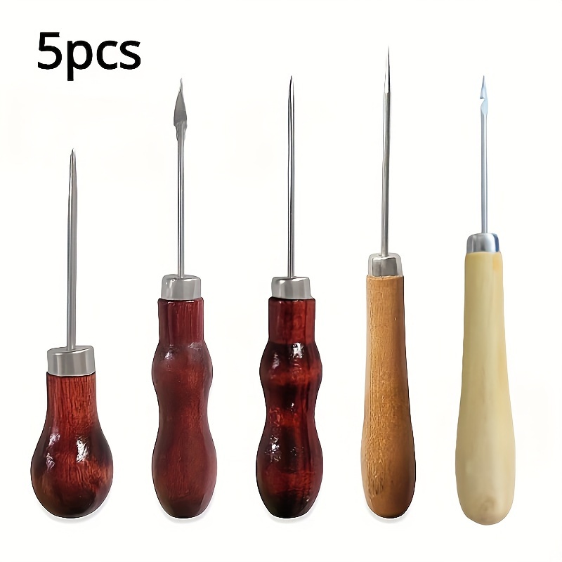 

5pcs Shoe Repair Awl Set - Red Wooden Handle, Double & Single Gourd Design, Steel Material, Ideal For Leather Punching & Diy Crafts, Cutting Tools, For Handmade Projects / Leatherworking Enthusiasts