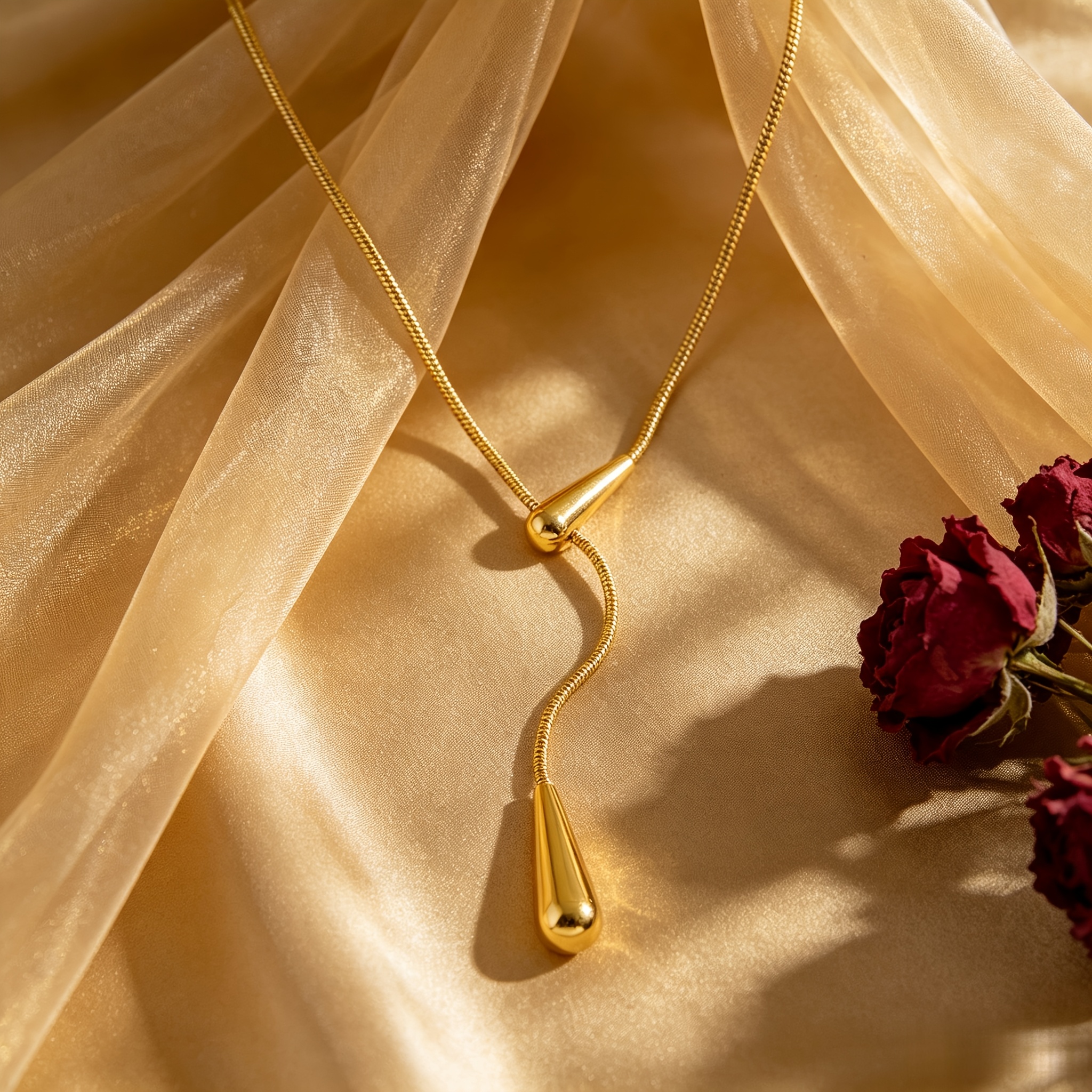 Women's Golden Water Droplet Pendant Necklace, Elegant Design
