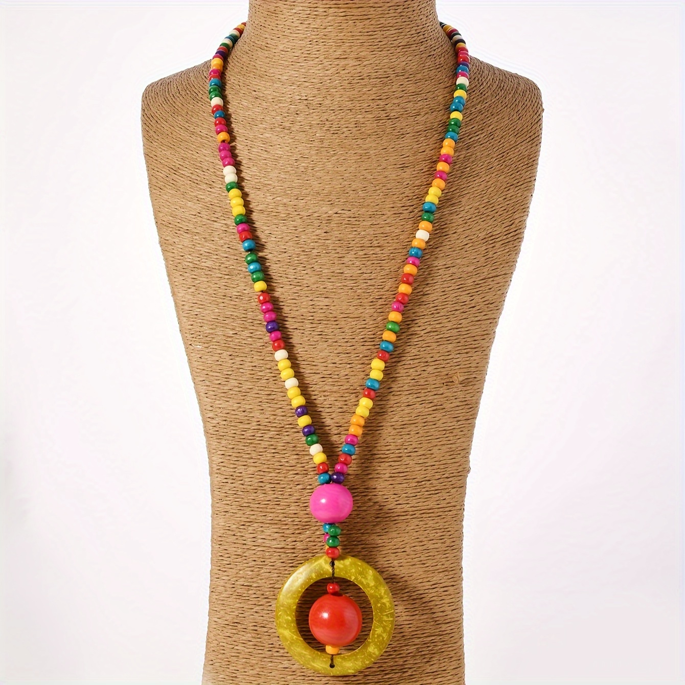 Boho Vintage Style Handcrafted Beaded Necklace with Wooden Pendant