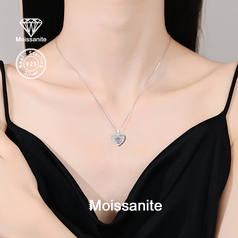Women's 925 Silver Moissanite Hollow Heart Pendant Necklace