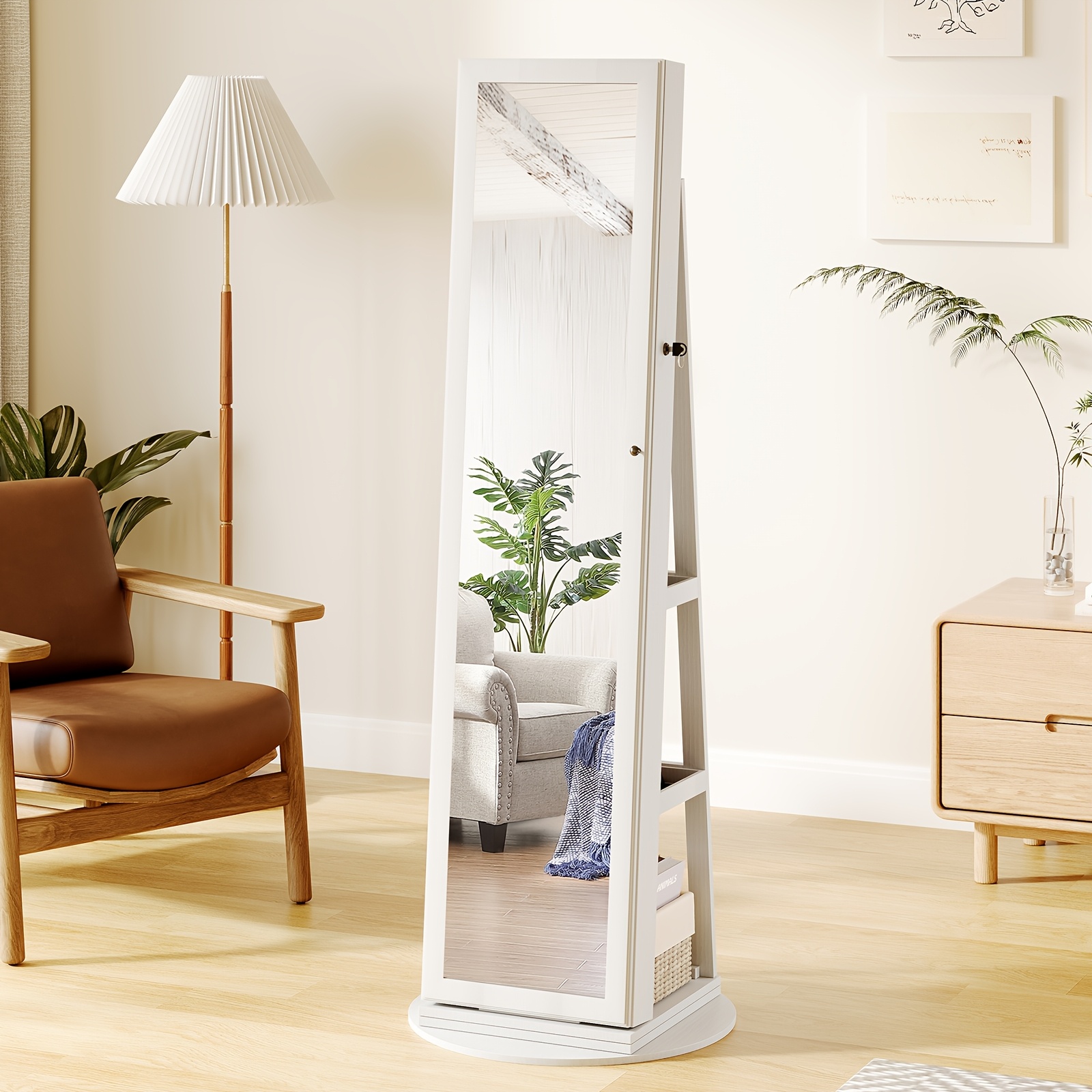 Full-length Mirror Jewelry Armoire With Lockable Doors - Swivel Spinning Base, Storage Cabinet Suitable For, Door & Shelves, Multi-functional Dresser For Bedroom, (), Jewelry Armoires