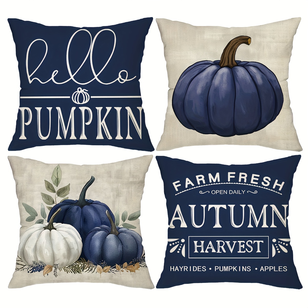 TEMU 4pcs, Autumn Pumpkins Throw Pillow Covers, Navy Fall Watercolor Home Square Decoratifile Cushion Covers, Home Decor For Sofa Bedroom Farmhouse,