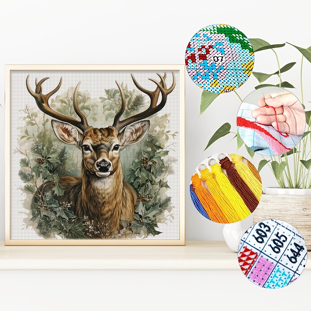 TEMU 1 Set Woodland Deer Printed Cross Stitch Kit 11ct Precise Printed Craft Embroidery Material Package Includes Pre-printed Fabric Drawing Manual