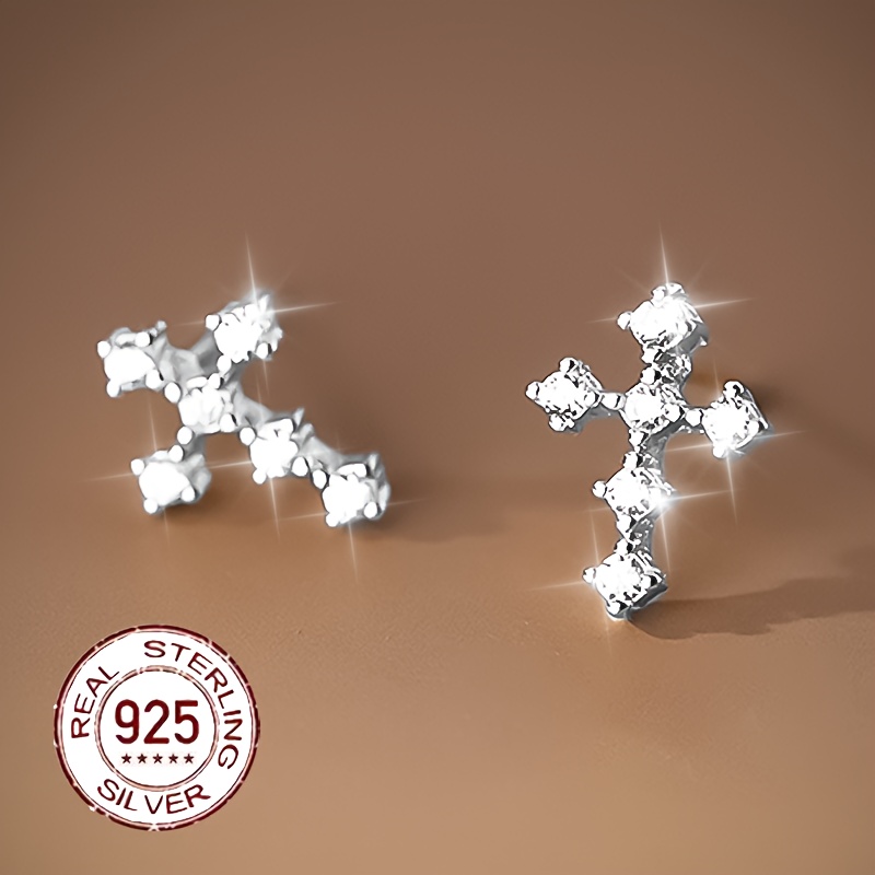 S925 Sparkling Zirconia Cross Studs, Stylish & Minimalist