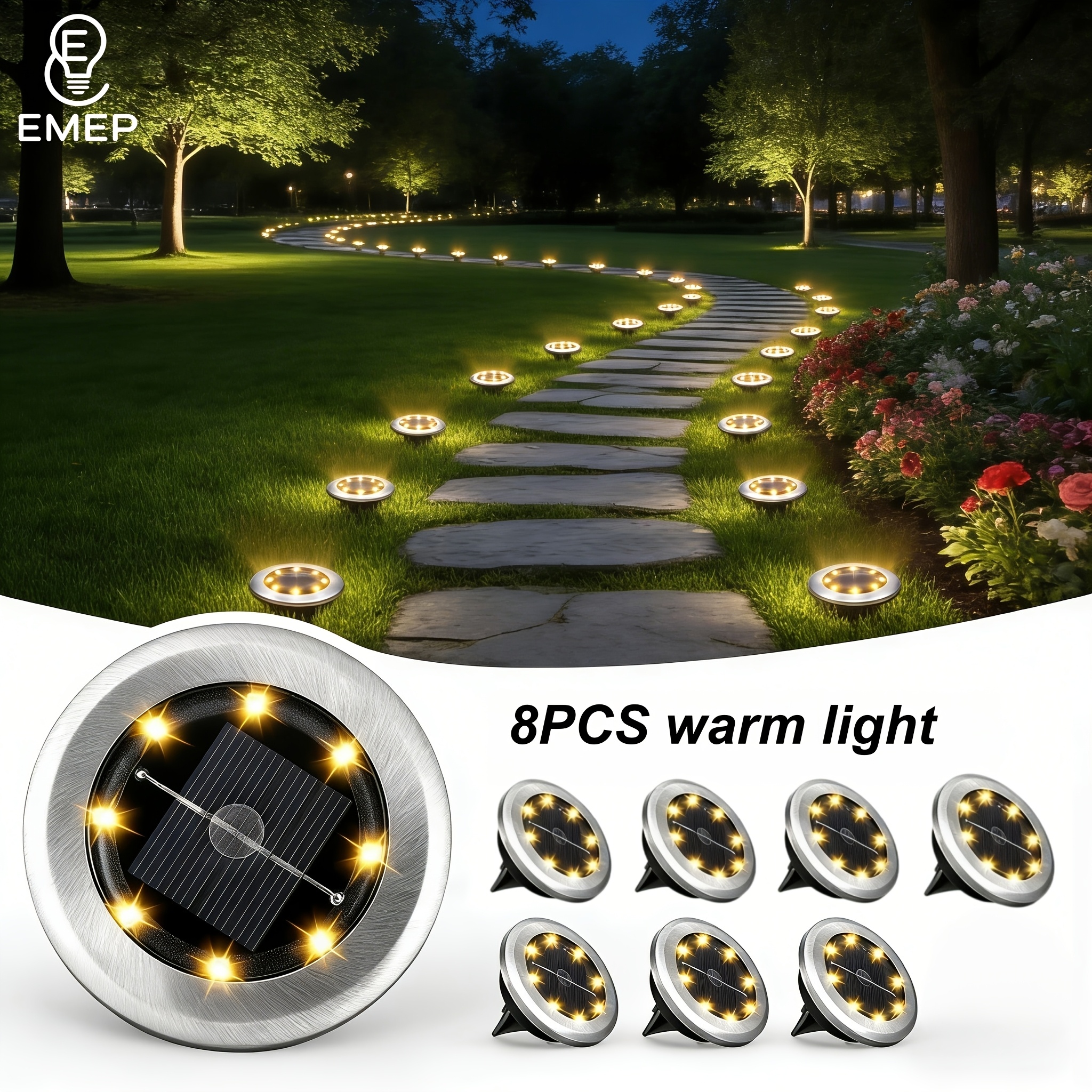E-shop 6/8er Set Solar Untergrund Spotlight Wegeleuchten, Edelstahl Warmweiß Licht Außenbereich Landschaftsleuchten, 8LED Solar Bodenleuchten, Geeignet