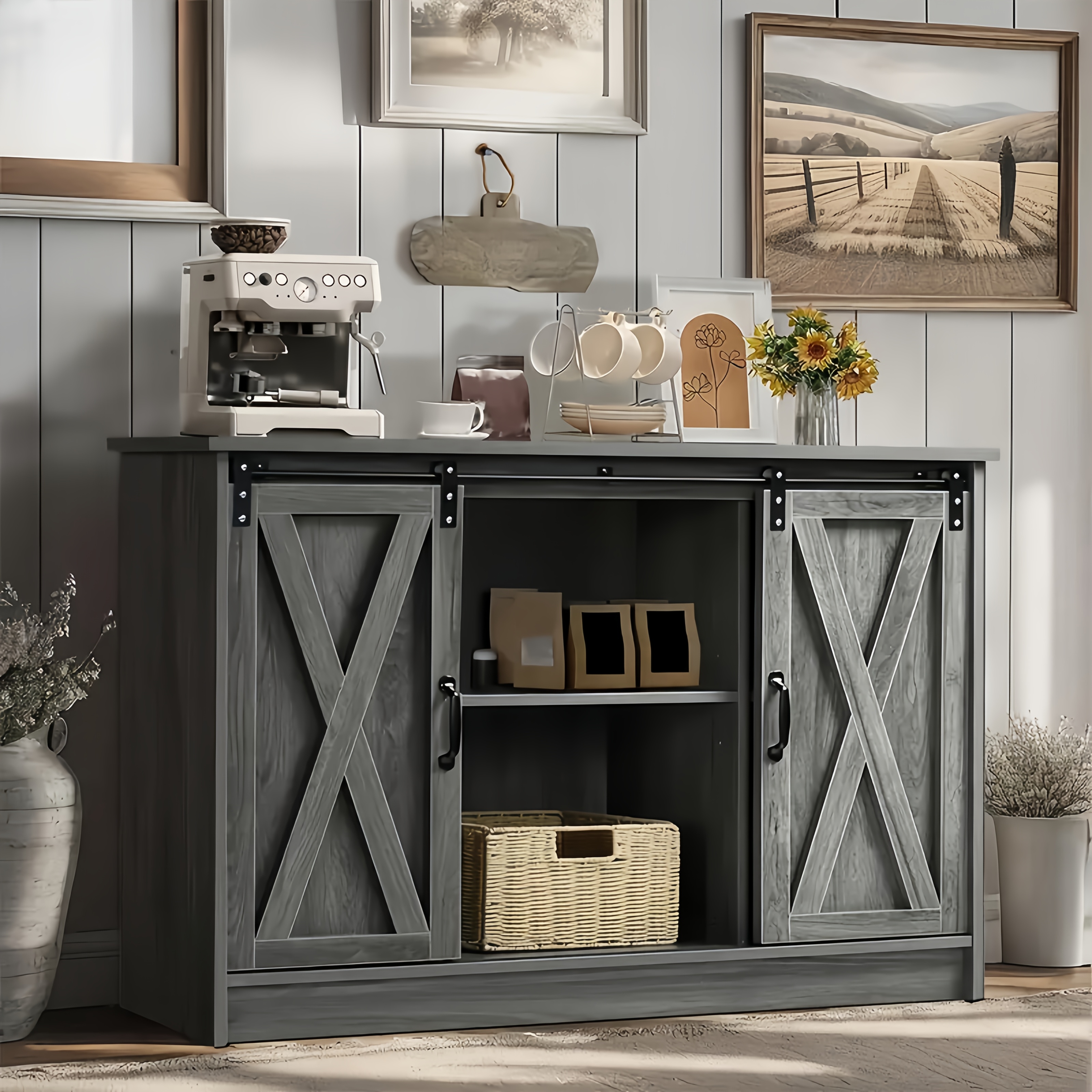 47''W Storage Cabinet, Fluted Sideboard Buffet Cabinet With Storage