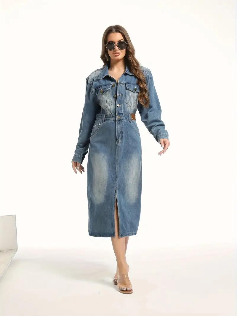 split hem single breasted long sleeve denim dress lapel - Temu Georgia split hem single breasted long sleeve denim dress lapel - Temu Georgia