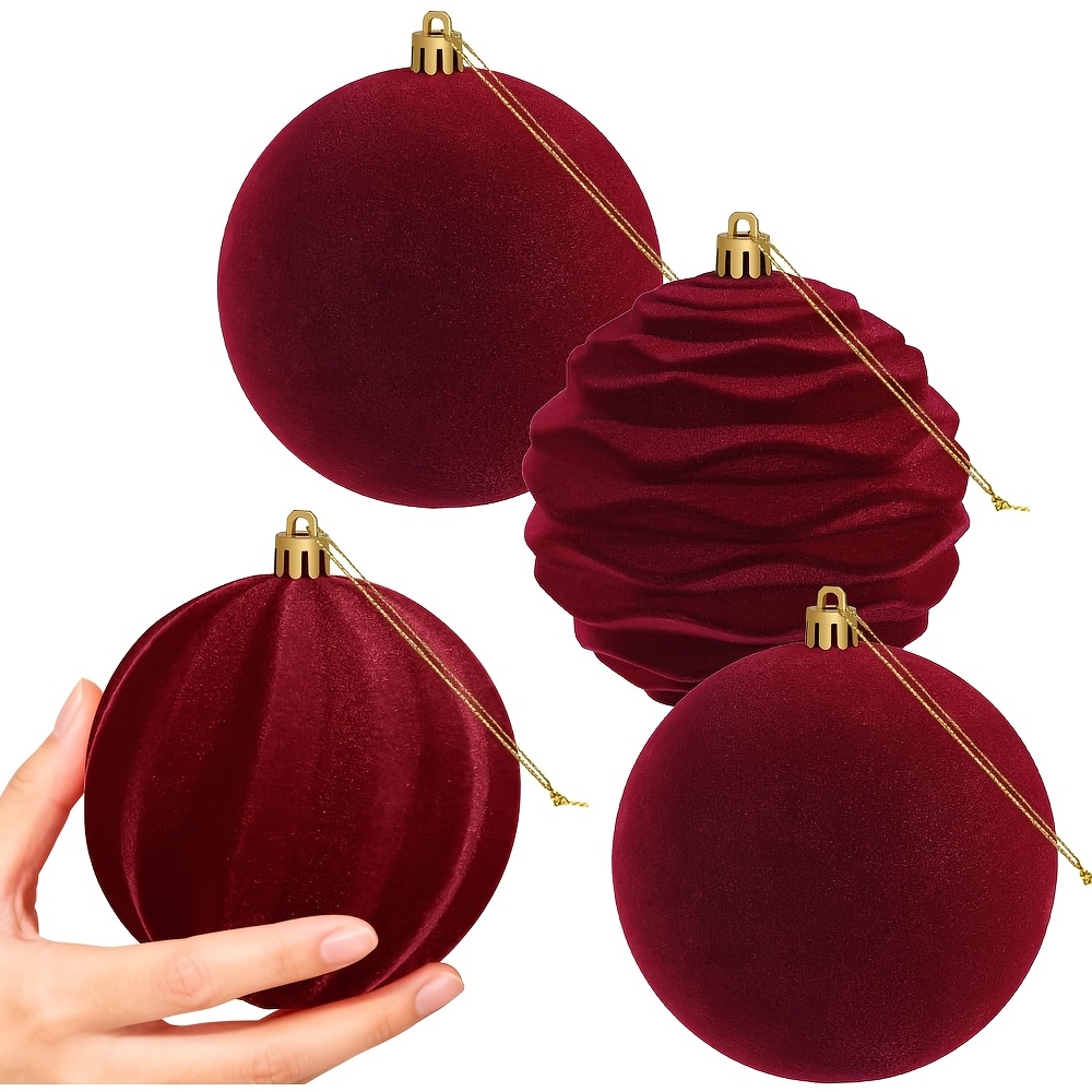 TEMU 4pcs 10cm/3.93inch Large Velvet Christmas Balls Ornaments Shatterproof Hanging Set Flocked For Xmas Tree Holiday Party New Year Decorations