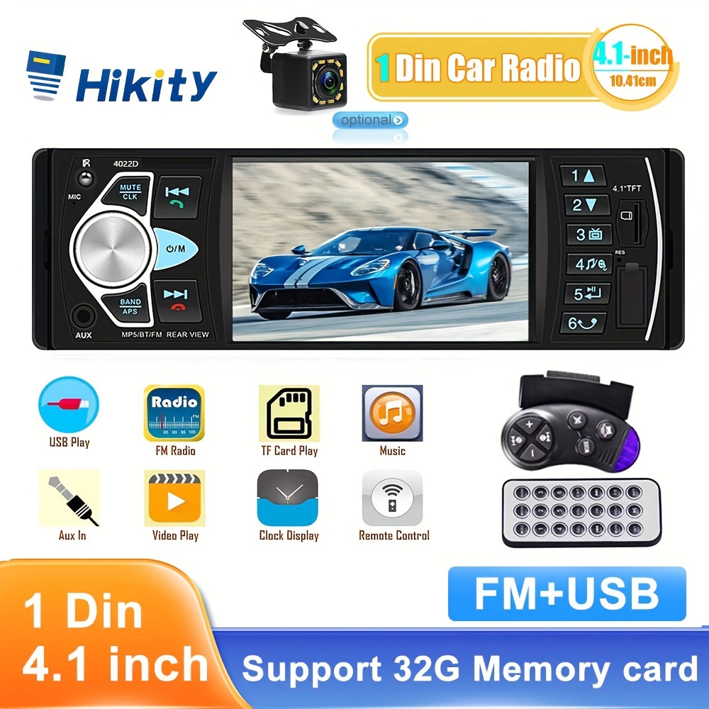 

Autoradio Hikity 1 Din avec lecteur MP5, FM, USB, 4.1 pouces, link, commande au volant et caméra de recul (en option)