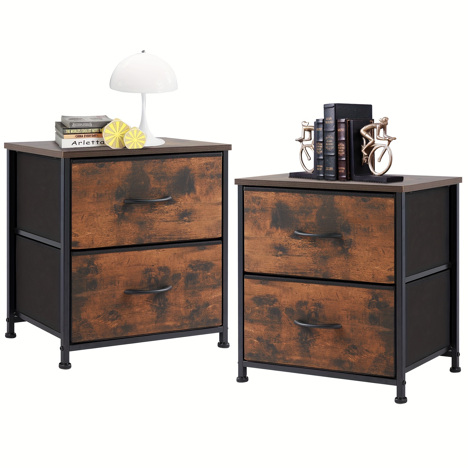 

2pcs Set Metal Frame Bedside Tables With 2 Fabric Storage Drawers, Rustic Nightstand Furniture For Bedroom Storage, Bedside Furniture, For Home Bedroom