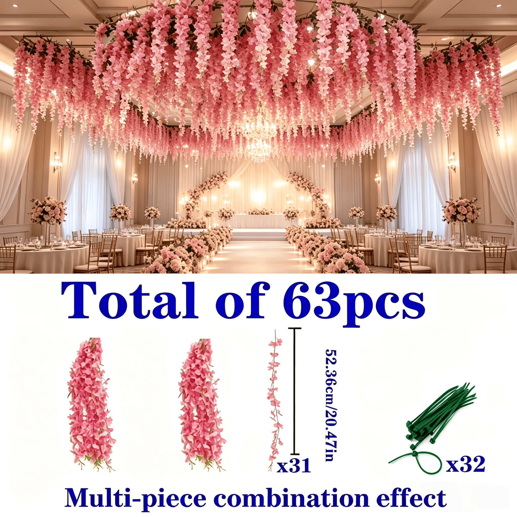 TEMU Ensemble de 63 pièces de guirlandes de fleurs de artificielles roses, 31 de fleurs de roses et 32 élastiques à cheveux (inclus les élastiques),