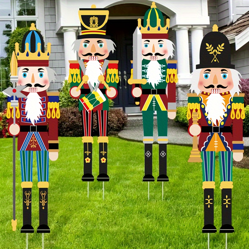 TEMU Set Of 4 Large Nutcracker Yard Signs With Stakes - Outdoor Christmas Garden Decorations, Durable Plastic Holiday Lawn Ornaments For Festive Party Supplies