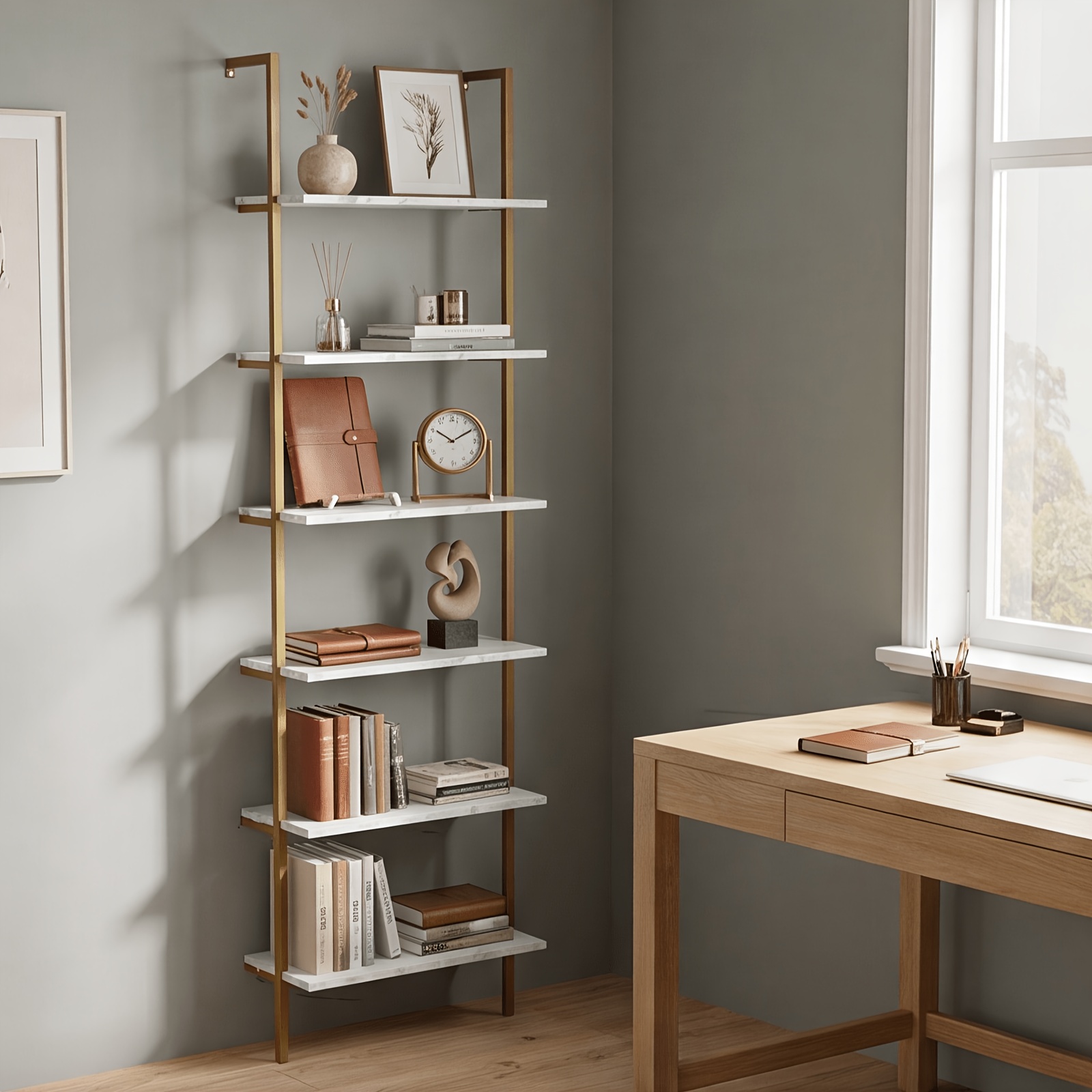6 Tier Industrial Wall Mounted Shelves, White Faux Marble Floating Shelves, Open Storage Display Plant Rack for Living Room Kitchen Bedroom Office