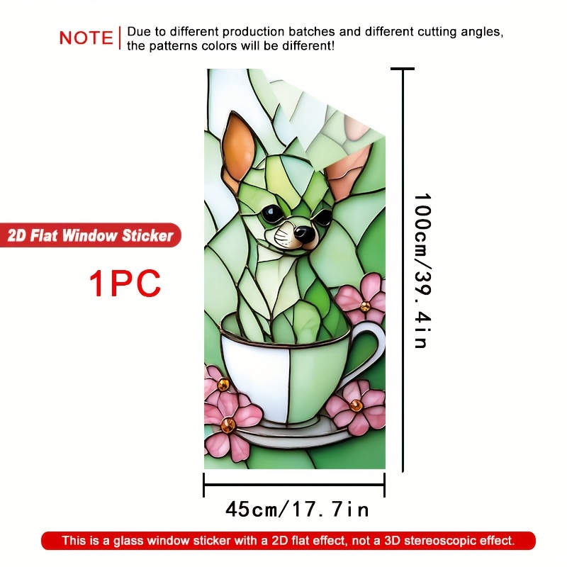 TEMU 2d Flat - 2d Flat - 1pc Of 2d Flat Vertical Window Decal Featuring A Stained Glass Chihuahua In A Cup, Easy To Apply, Non-adhesive Glass Decals,